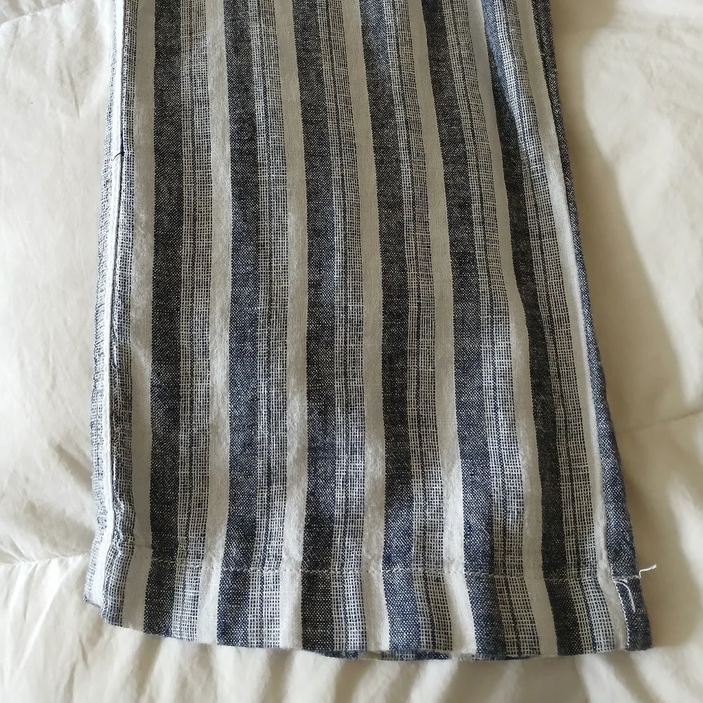 New. Linen/ Viscose Navy/white Striped Wide Straight Leg, Gather Elastic Waist - Picture 5 of 9